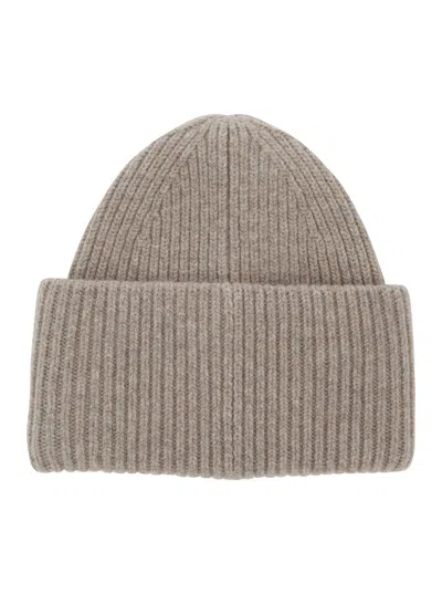 Acne Studios Women Beige Knit Beanie With Patch On The Front In Wool Blend Woman In Gray