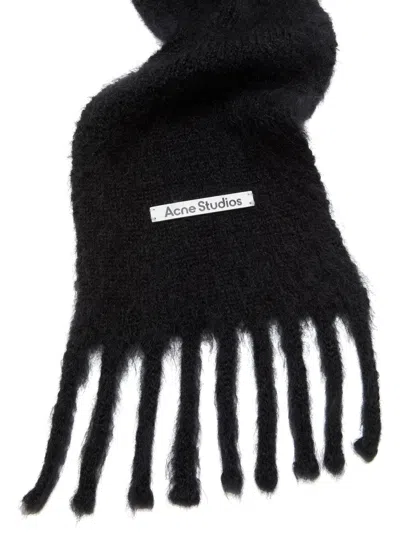 Acne Studios Women Black Scarf With Logo Patch On The Front And Fringed Hem In Wool Woman In Black