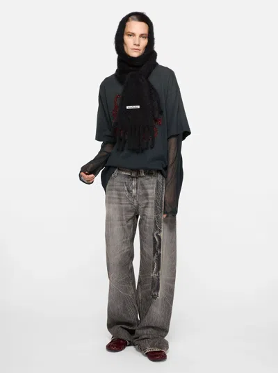 Acne Studios Women Black Scarf With Logo Patch On The Front And Fringed Hem In Wool Woman In Black