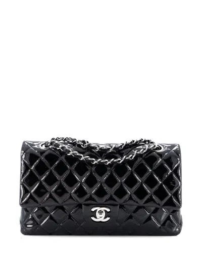 Pre-owned Chanel Classic Double Flap Bag Quilted Patent Medium Shoulder Bag In Black