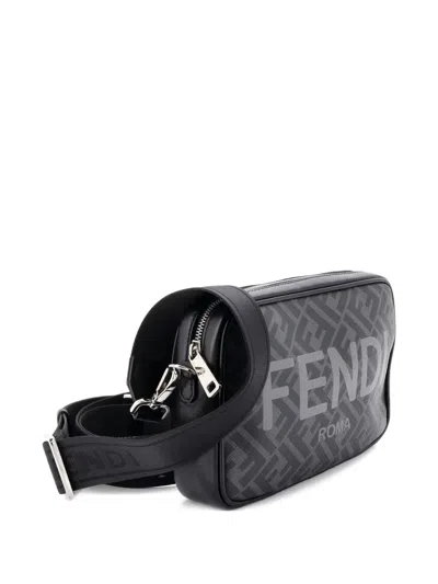 Pre-owned Fendi Logo Camera Case Bag Zucca Coated Canvas Medium Crossbody Bag In Black