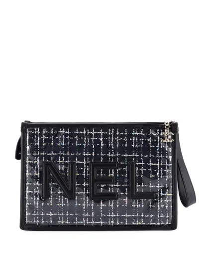 Pre-owned Chanel Logo Wristlet Pvc Over Quilted Tweed Large Clutch Bag In Black