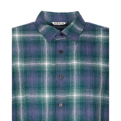 Auralee Lightweight Wool Plaid Long Sleeve Shirt In Blue