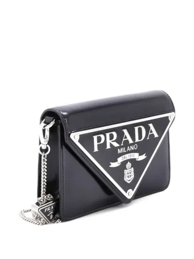 Pre-owned Prada Maxi Triangle Logo Chain Flap Bag Brushed Leather Small Crossbody Bag In Black