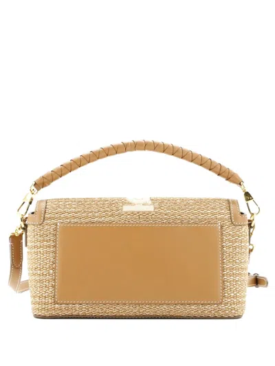 Pre-owned Burberry Note Top Handle Bag Embroidered Raffia With Leather Satchel In Brown