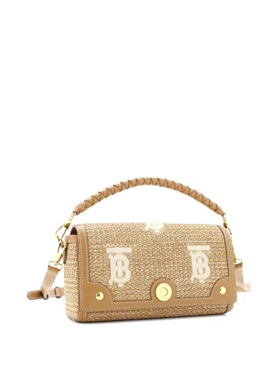Pre-owned Burberry Note Top Handle Bag Embroidered Raffia With Leather Satchel In Brown