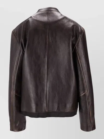 Miu Miu Leather Jacket With Stand Collar And Pockets In Brown