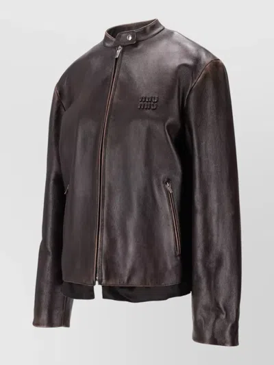 Miu Miu Leather Jacket With Stand Collar And Pockets In Brown