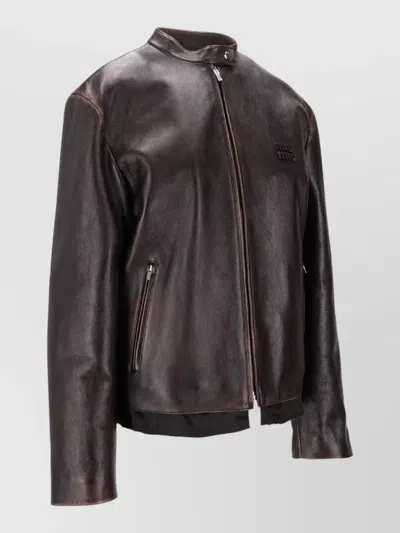 Miu Miu Leather Jacket With Stand Collar And Pockets In Brown