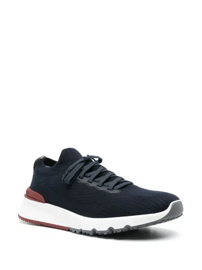 Brunello Cucinelli Men Cotton Knit Sneakers With Leather Inserts In Blue