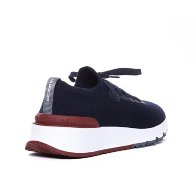 Brunello Cucinelli Men Cotton Knit Sneakers With Leather Inserts In Blue