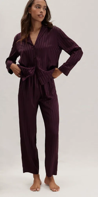 Lunya Washable Silk Striped Jacquard Long Sleeve Pant Set In Burgundy