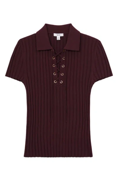 Reiss Poppy Lace-up Polo Sweater In Burgundy