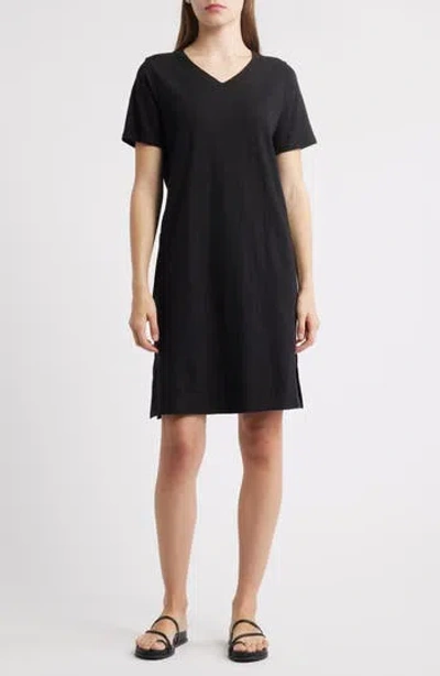 Eileen Fisher V-neck Organic Cotton T-shirt Dress In Black