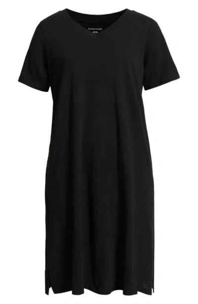 Eileen Fisher V-neck Organic Cotton T-shirt Dress In Black