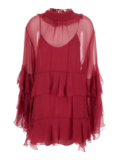 Chloé Women Fuchsia Crewneck Mini Dress With Ruches And Rear Button Closure In Silk Woman In Red
