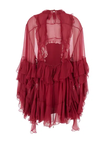 Chloé Women Fuchsia Crewneck Mini Dress With Ruches And Rear Button Closure In Silk Woman In Red