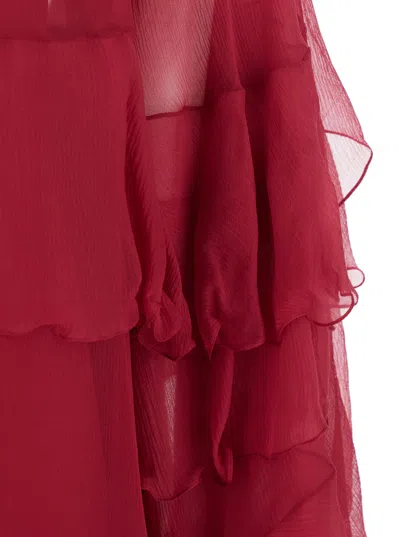 Chloé Women Fuchsia Crewneck Mini Dress With Ruches And Rear Button Closure In Silk Woman In Red