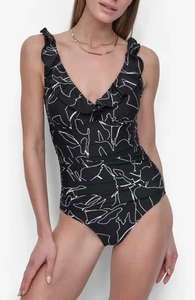 Dkny Ruffle Plunge Neck One-piece Swimsuit In Black