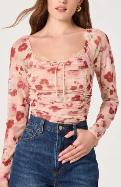 Astr The Label Lace Trim Long Sleeve Ruched Mesh Top In Pink