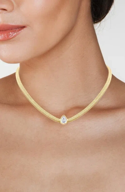 Cz By Kenneth Jay Lane Teardrop Cubic Zirconia Herringbone Chain Necklace In Gold