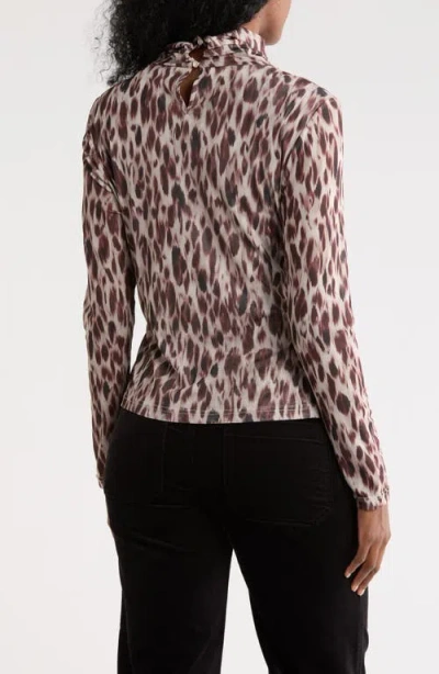 Nicole Miller Mock Neck Long Sleeve Ruched Mesh Top In Multi