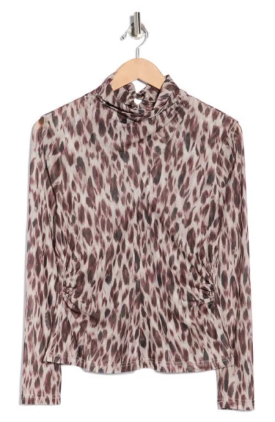 Nicole Miller Mock Neck Long Sleeve Ruched Mesh Top In Multi