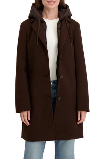 Laundry By Shelli Segal Longline Jacket With Puffer Quilted Hooded Bib In Brown