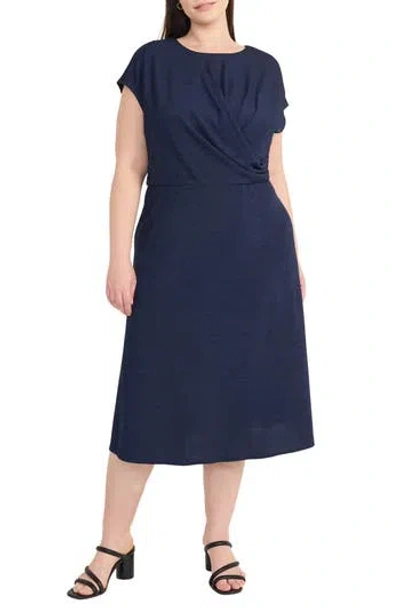 Maggy London Draped Bodice Cap Sleeve A-line Midi Dress In Blue