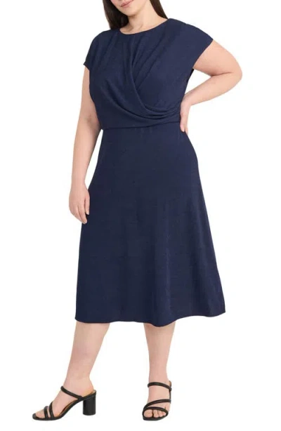 Maggy London Draped Bodice Cap Sleeve A-line Midi Dress In Blue