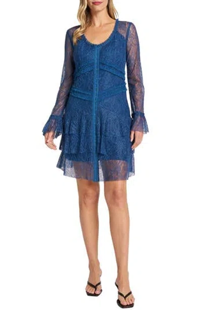 Matty M . Eyelet Front Long Sleeve Lace Minidress In Blue