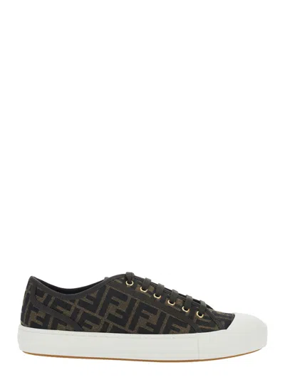 Fendi Men Brown Sneaker With All-over Ff Motif In Fabric Man In Black