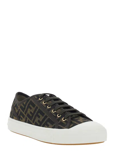 Fendi Men Brown Sneaker With All-over Ff Motif In Fabric Man In Black