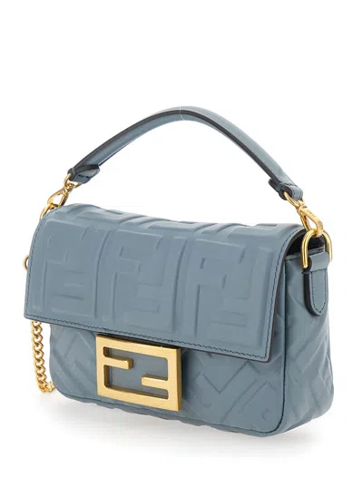 Fendi Women 'baguette' Blue Handbag With Chain-link Removable Shoulder Strap And All-over Embossed F In Blue