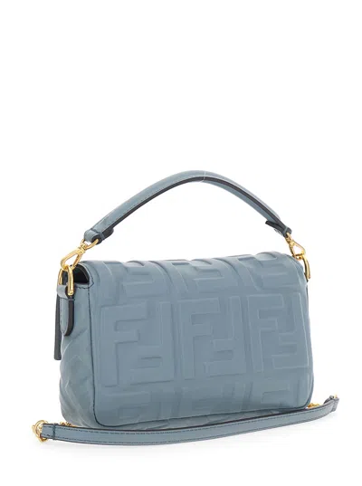 Fendi Women 'baguette' Blue Handbag With Chain-link Removable Shoulder Strap And All-over Embossed F In Blue