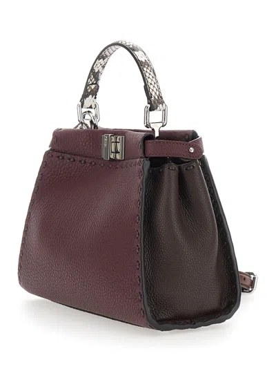 Fendi Women 'peekaboo' Bordeaux Handbag With Snakeskin Handle And Turn-lock Closure On Both Sides In In Brown