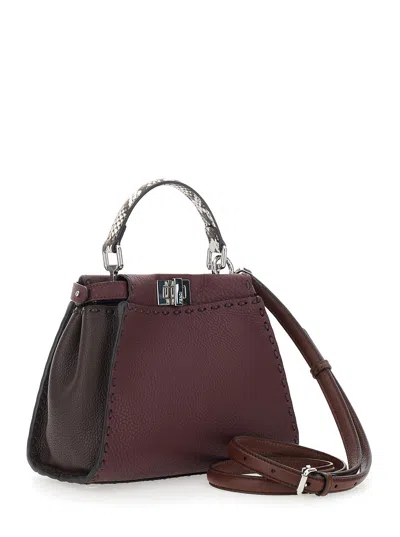 Fendi Women 'peekaboo' Bordeaux Handbag With Snakeskin Handle And Turn-lock Closure On Both Sides In In Brown