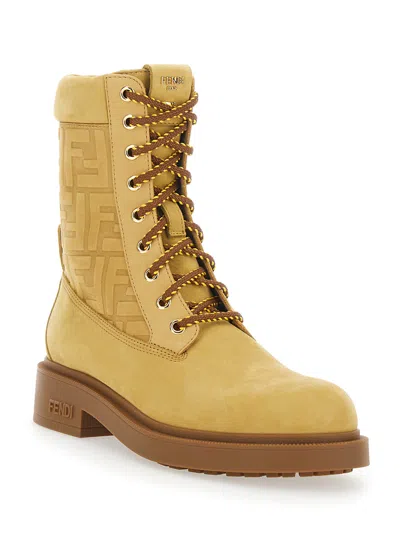 Fendi Women Beige Combat Boots With Tone-on-tone Ff Motif And Side Logo In Leather Woman In Multi