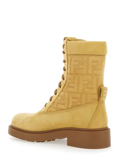 Fendi Women Beige Combat Boots With Tone-on-tone Ff Motif And Side Logo In Leather Woman In Multi