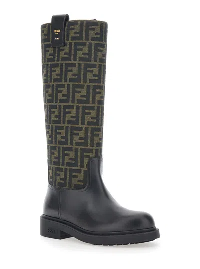 Fendi Women Black Boots With All-over Ff Motif And Side Lettering Logo In Leather And Fabric Woman In Black