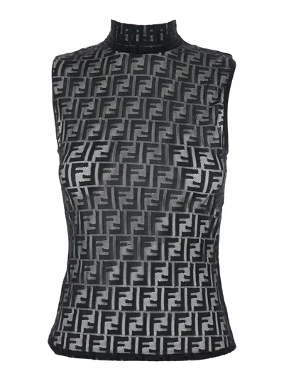 Fendi Women Black Crewneck Sleeveless Top With All-over Ff Motif And Rear Zip Closure In Tech Fabric In Black