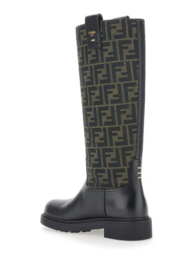 Fendi Women Black Boots With All-over Ff Motif And Side Lettering Logo In Leather And Fabric Woman In Black