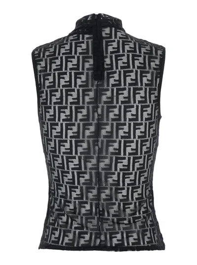 Fendi Women Black Crewneck Sleeveless Top With All-over Ff Motif And Rear Zip Closure In Tech Fabric In Black