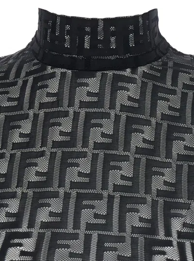 Fendi Women Black Crewneck Sleeveless Top With All-over Ff Motif And Rear Zip Closure In Tech Fabric In Black