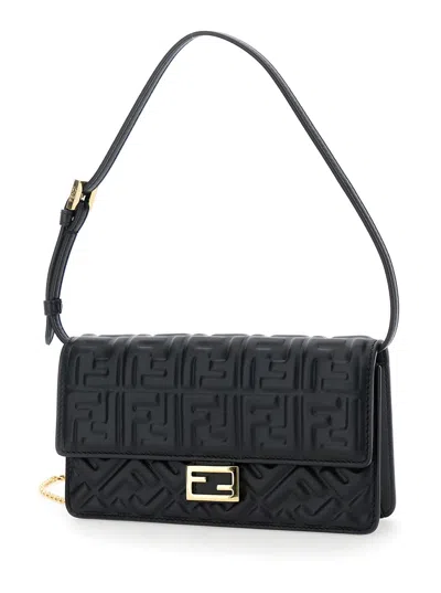 Fendi Women Black Wallet On Chain Baguette With All-over Ff Motif And Ff Plaque In Leather Woman In Black