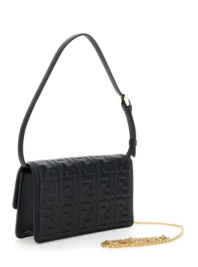 Fendi Women Black Wallet On Chain Baguette With All-over Ff Motif And Ff Plaque In Leather Woman In Black