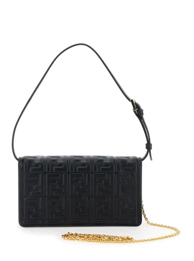 Fendi Women Black Wallet On Chain Baguette With All-over Ff Motif And Ff Plaque In Leather Woman In Black