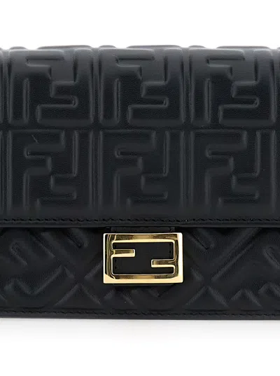 Fendi Women Black Wallet On Chain Baguette With All-over Ff Motif And Ff Plaque In Leather Woman In Black