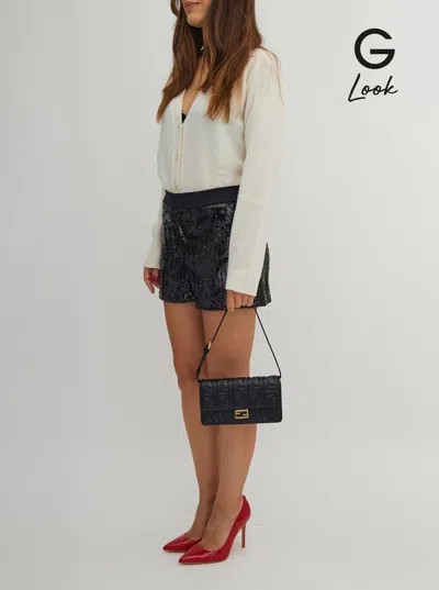 Fendi Women Black Wallet On Chain Baguette With All-over Ff Motif And Ff Plaque In Leather Woman In Black