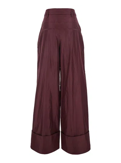 Fendi Women Bordeaux Pants With Ff Buckle Belt And Maxi Turn-up Hem In Silk Woman In Burgundy